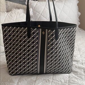Tory Burch Black and White Patterned Logo Stripe Tote